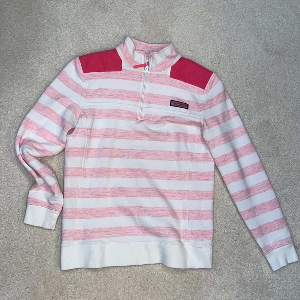 Vineyard Vines pink and white striped quarter-zip pullover